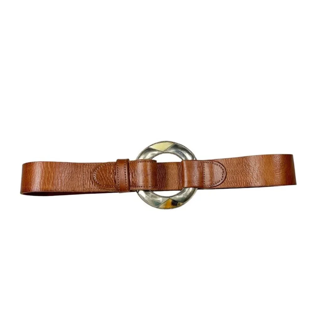 Chico's Genuine Leather Belt Size Medium Tan Statement Buckle Boho Cowgirl